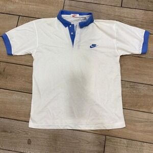 Vintage Nike Polo Shirt Mens White Blue Embroidered‎ Logo Short Sleeve